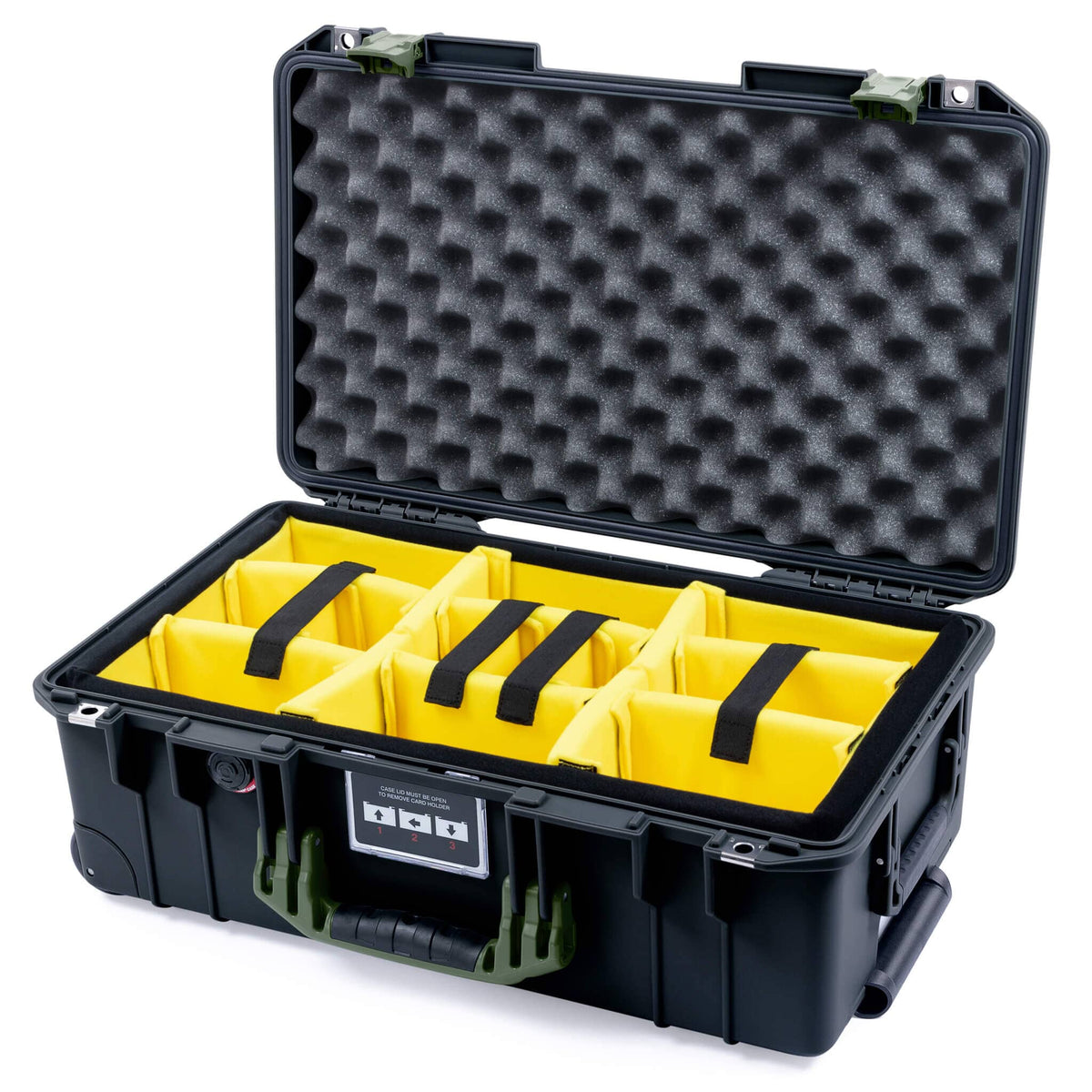 Pelican 1535 Air Case, Black with OD Green Handles &amp; Latches Yellow Padded Microfiber Dividers with Convolute Lid Foam ColorCase 015350-0010-110-131