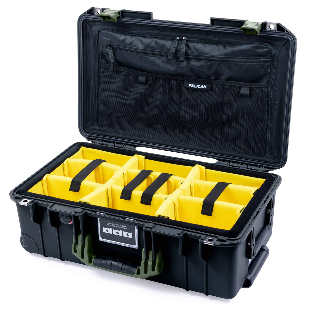 Pelican 1535 Air Case, Black with OD Green Handles &amp; Latches Yellow Padded Microfiber Dividers with Combo-Pouch Lid Organizer ColorCase 015350-0310-110-131