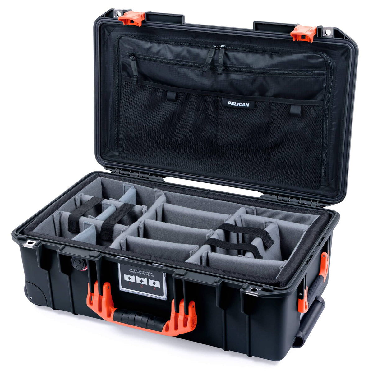 Pelican 1535 Air Case, Black with Orange Handles &amp; Latches Gray Padded Microfiber Dividers with Combo-Pouch Lid Organizer ColorCase 015350-0370-110-151