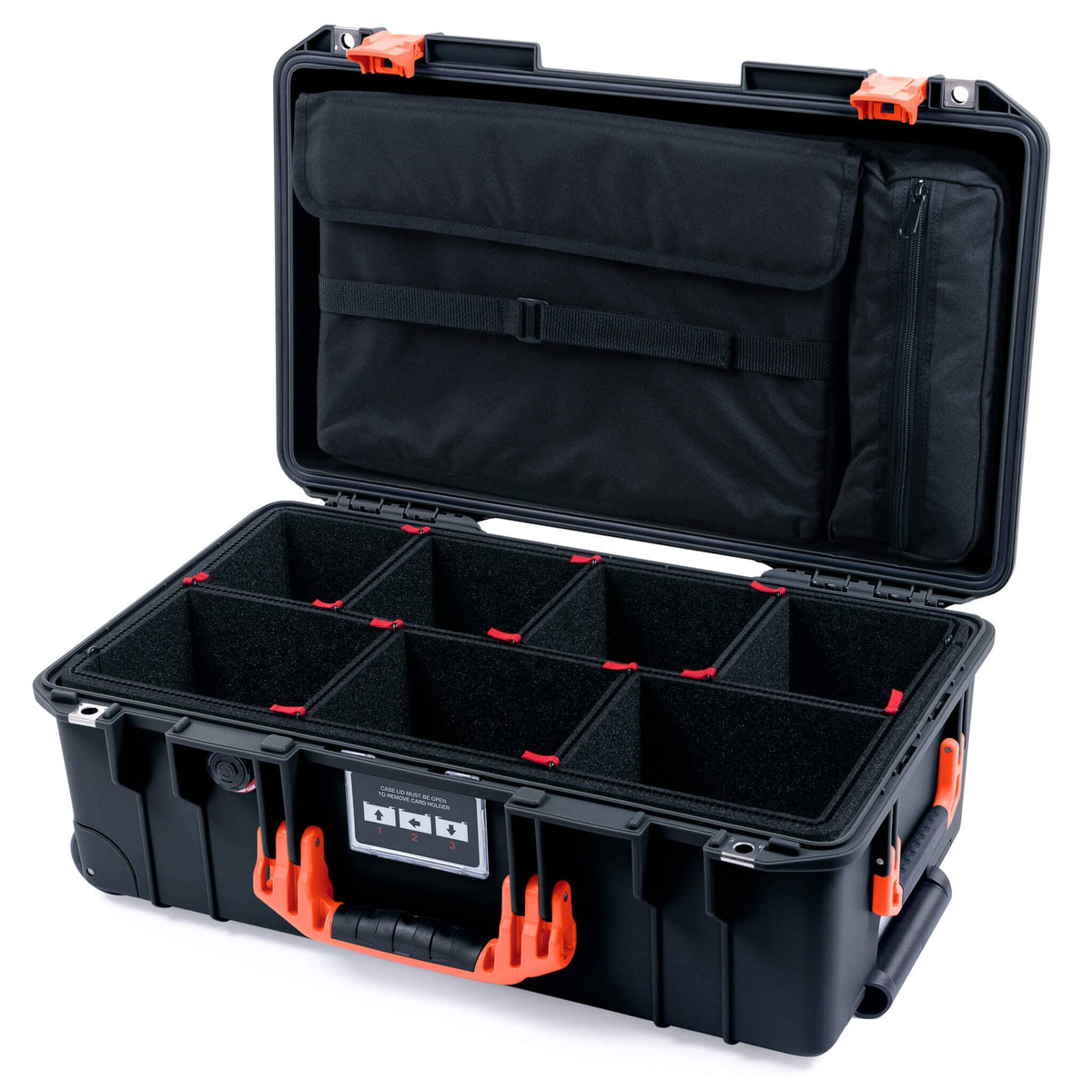 Pelican 1535 Air Case, Black with Orange Handles &amp; Latches TrekPak Divider System with Computer Pouch ColorCase 015350-0220-110-151