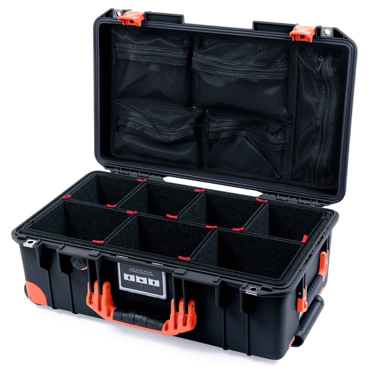 Pelican 1535 Air Case, Black with Orange Handles, Latches &amp; Trolley TrekPak Divider System with Mesh Lid Organizer ColorCase 015350-0120-110-151-150