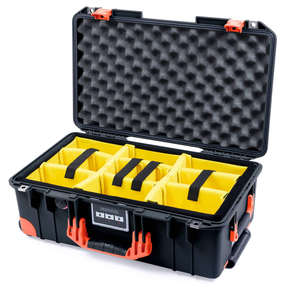 Pelican 1535 Air Case, Black with Orange Handles, Latches &amp; Trolley Yellow Padded Microfiber Dividers with Convolute Lid Foam ColorCase 015350-0010-110-151-150