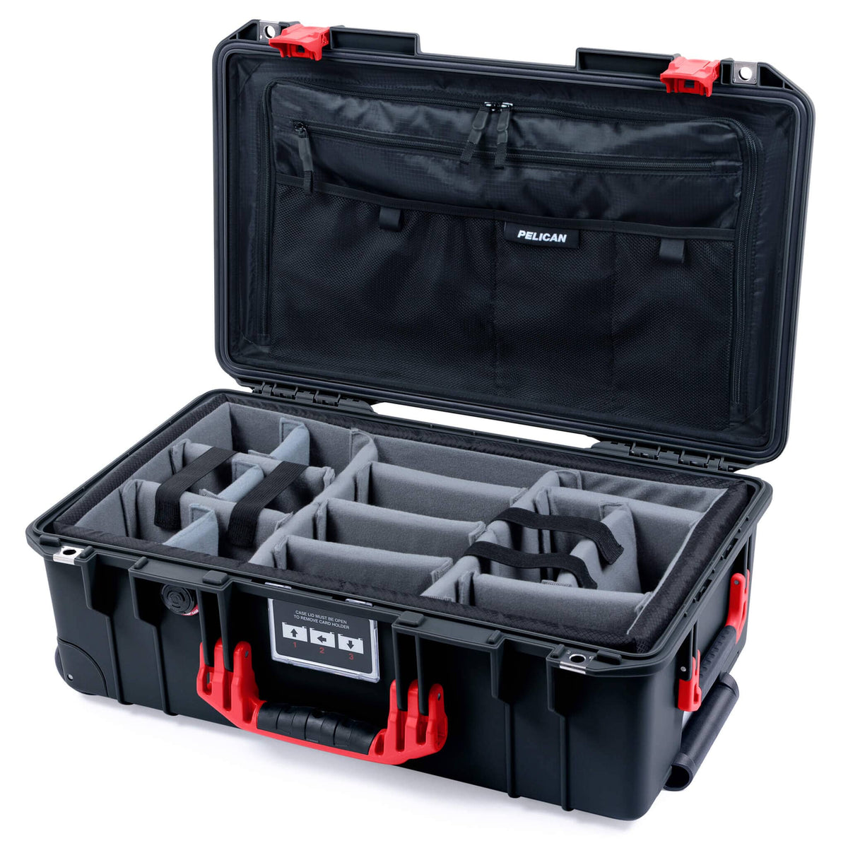 Pelican 1535 Air Case, Black with Red Handles &amp; Latches Gray Padded Microfiber Dividers with Combo-Pouch Lid Organizer ColorCase 015350-0370-110-321