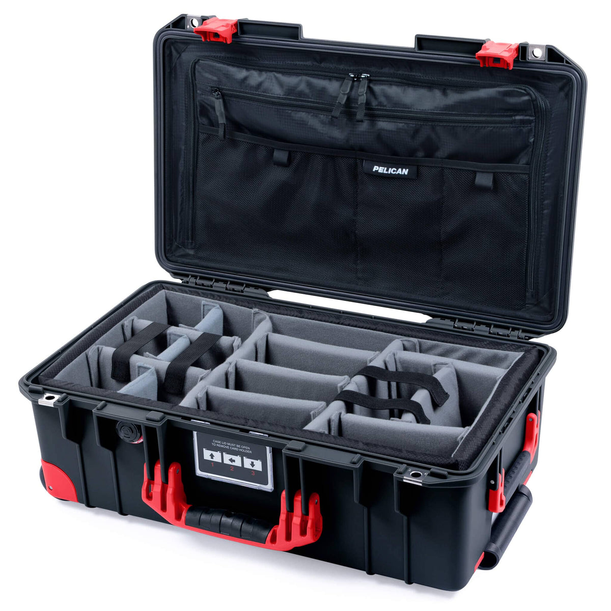 Pelican 1535 Air Case, Black with Red Handles, Latches &amp; Trolley Pick &amp; Pluck Foam with Combo-Pouch Lid Organizer ColorCase 015350-0301-110-321-320