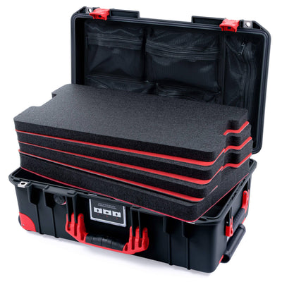 Pelican 1535 Air Case, Black with Red Handles, Latches & Trolley Custom Tool Kit (4 Foam Inserts with Mesh Lid Organizer) ColorCase 015350-0160-110-321-320
