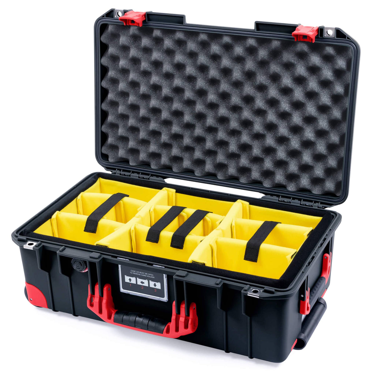 Pelican 1535 Air Case, Black with Red Handles, Latches &amp; Trolley Yellow Padded Microfiber Dividers with Convoluted Lid Foam ColorCase 015350-0010-110-321-320