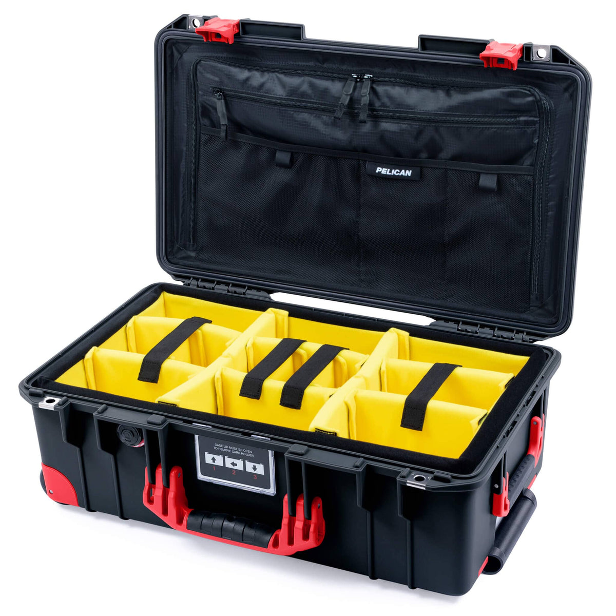 Pelican 1535 Air Case, Black with Red Handles, Latches &amp; Trolley Yellow Padded Microfiber Dividers with Combo-Pouch Lid Organizer ColorCase 015350-0310-110-321-320