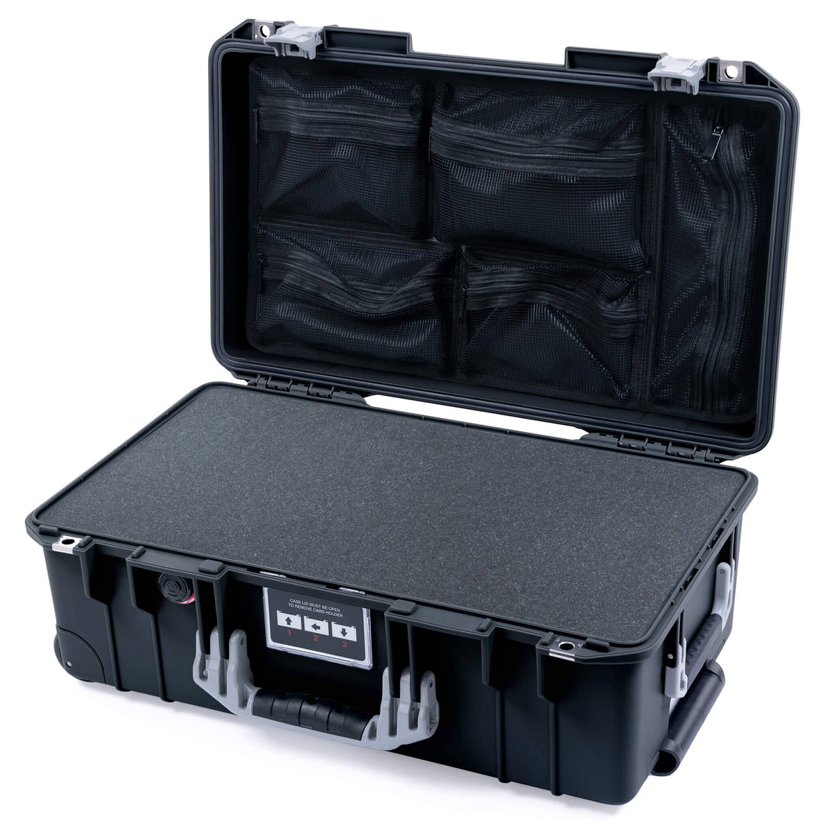 Pelican 1535 Air Case, Black with Silver Handles &amp; Latches Pick &amp; Pluck Foam with Mesh Lid Organizer ColorCase 015350-0101-110-181