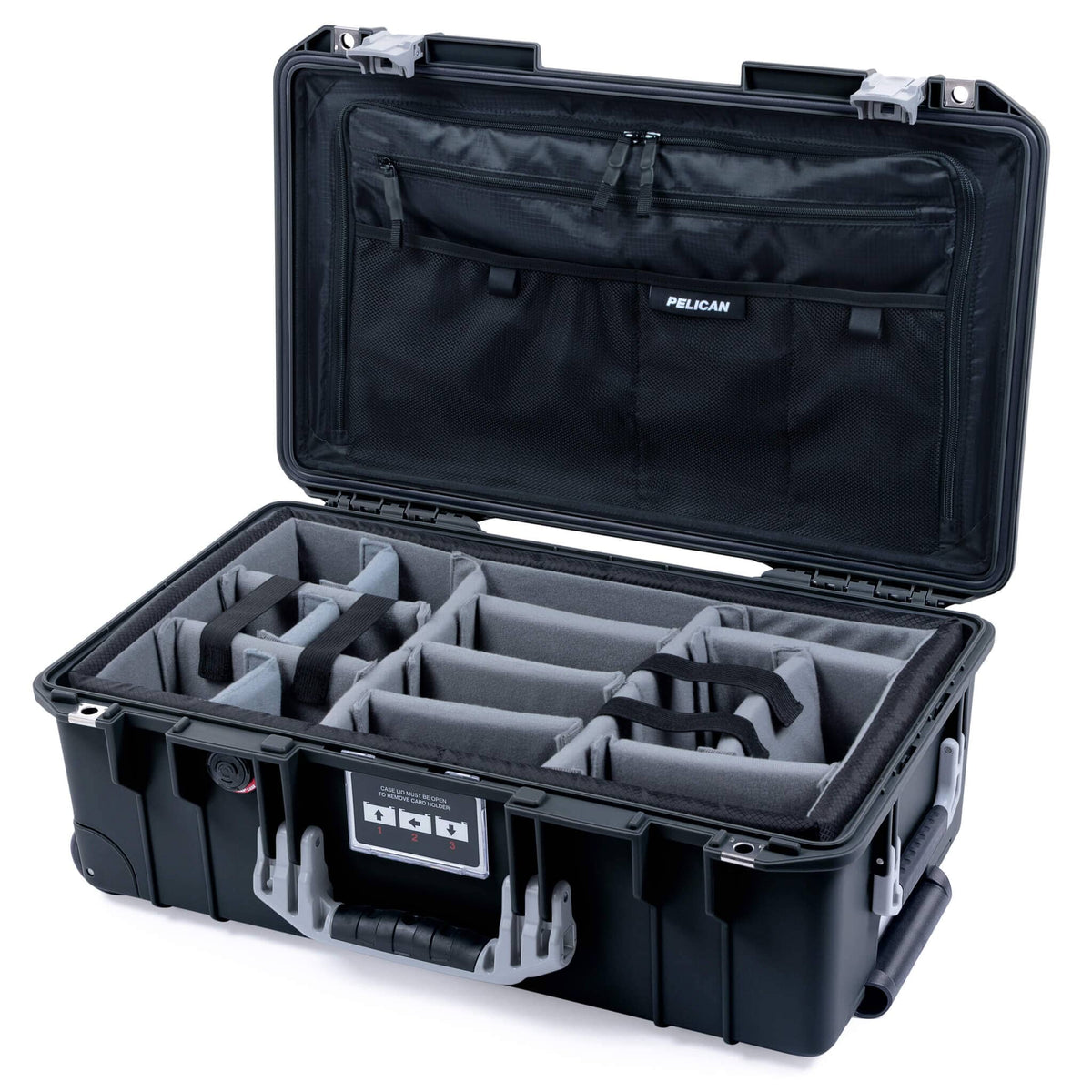 Pelican 1535 Air Case, Black with Silver Handles &amp; Latches Gray Padded Microfiber Dividers with Combo-Pouch Lid Organizer ColorCase 015350-0370-110-181