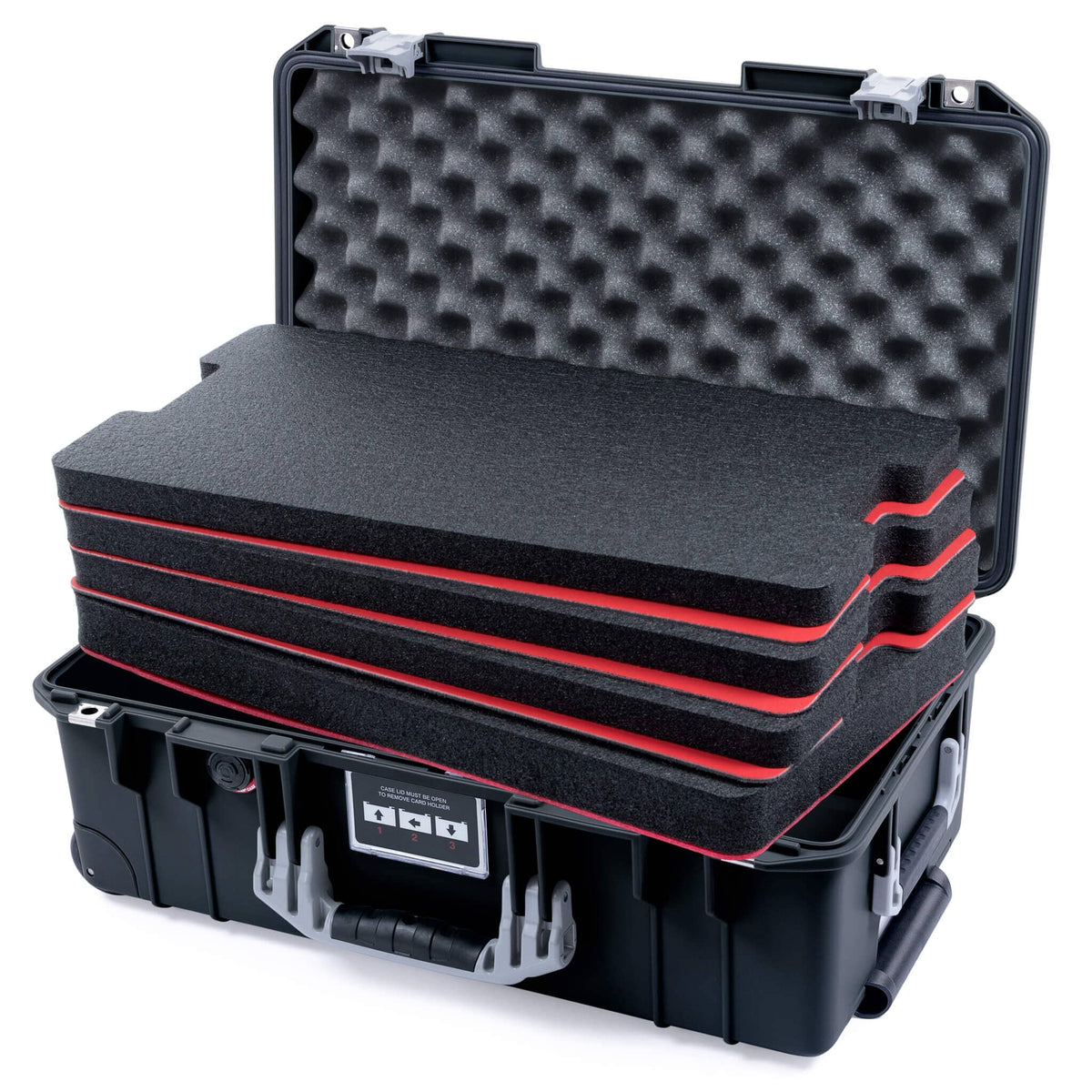 Pelican 1535 Air Case, Black with Silver Handles &amp; Latches Custom Tool Kit (4 Foam Inserts with Convolute Lid Foam) ColorCase 015350-0060-110-181