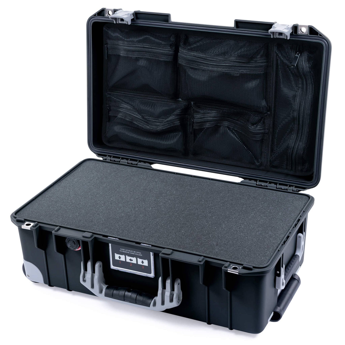 Pelican 1535 Air Case, Black with Silver Handles, Latches &amp; Trolley Pick &amp; Pluck Foam with Mesh Lid Organizer ColorCase 015350-0100-110-181-180