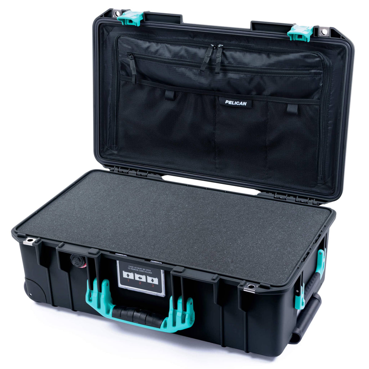 Pelican 1535 Air Case, Black with Teal Handles &amp; Latches Pick &amp; Pluck Foam with TRVL Combo-Pouch Lid Organizer ColorCase 015350-0301-110-591