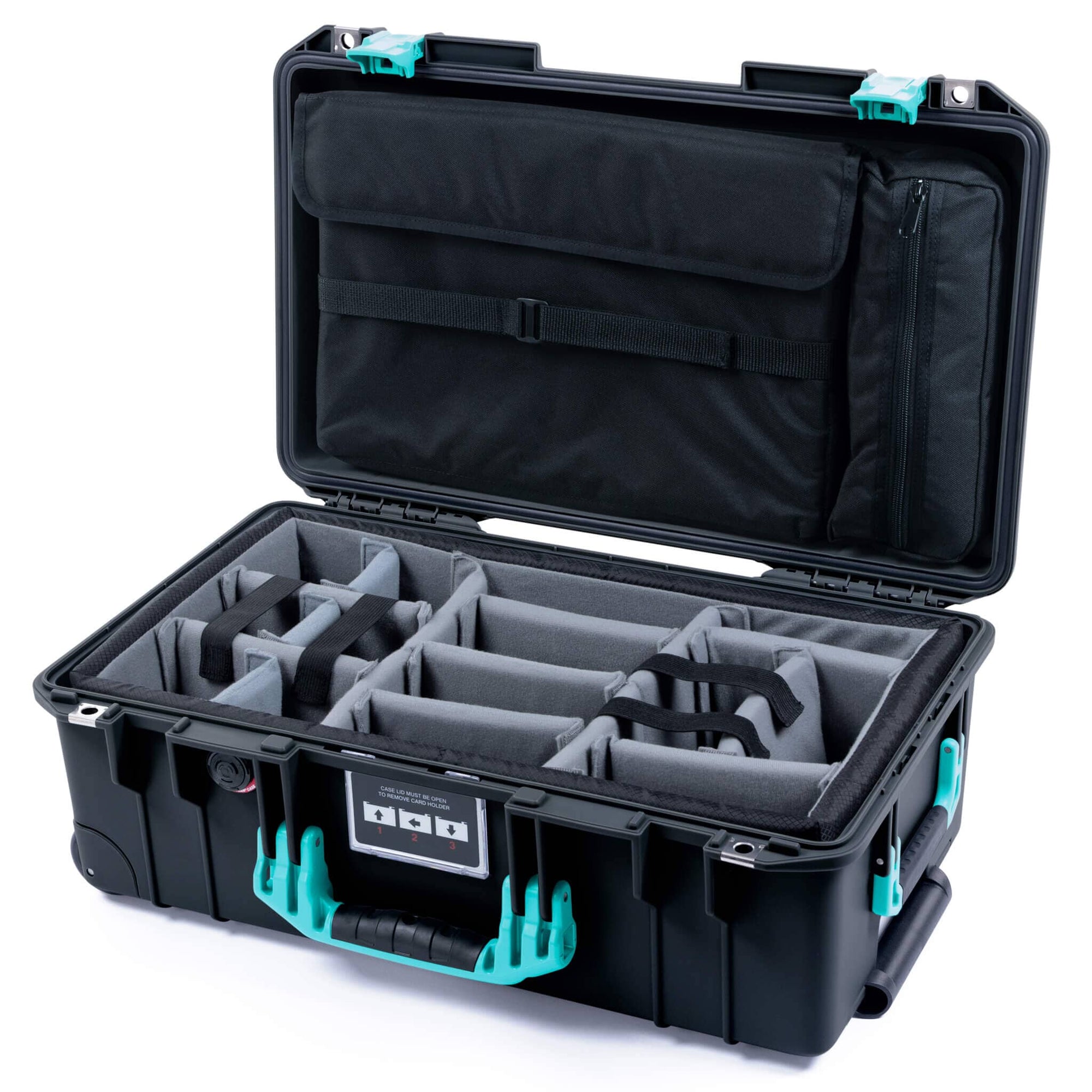 Pelican 1535 Air Case, Black with Teal Handles & Latches Gray Padded Microfiber Dividers with Laptop Computer Lid Pouch ColorCase 015350-0270-110-591