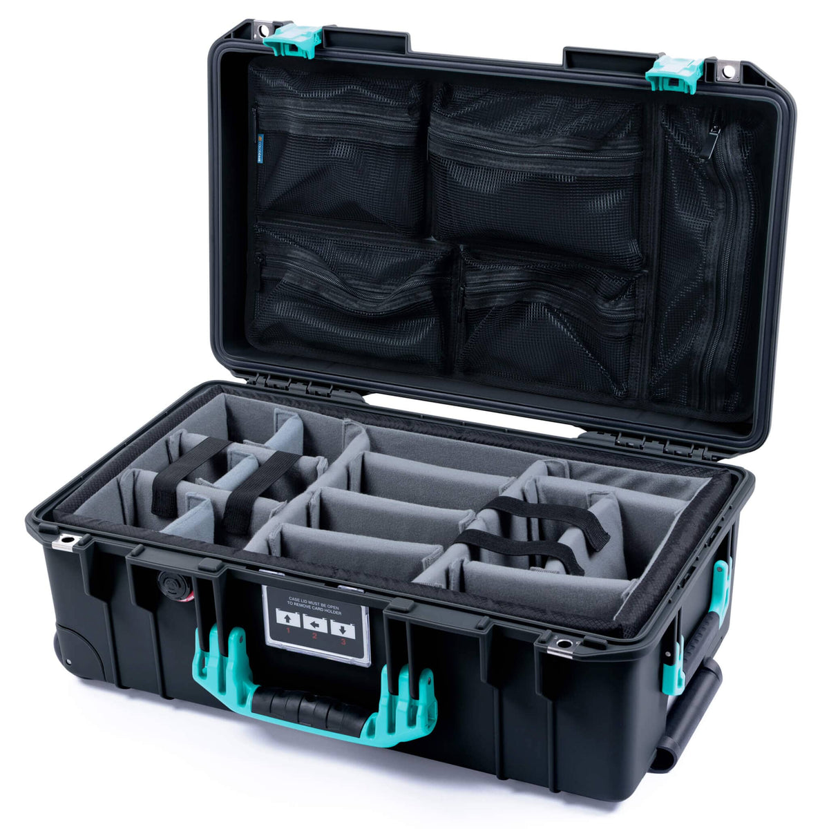 Pelican 1535 Air Case, Black with Teal Handles &amp; Latches Gray Padded Microfiber Dividers with Mesh Lid Organizer ColorCase 015350-0170-110-591