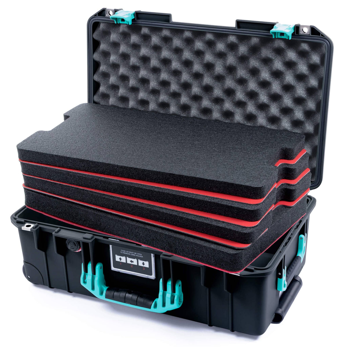 Pelican 1535 Air Case, Black with Teal Handles &amp; Latches Custom Tool Kit (4 Foam Inserts with Convoluted Lid Foam) ColorCase 015350-0060-110-591