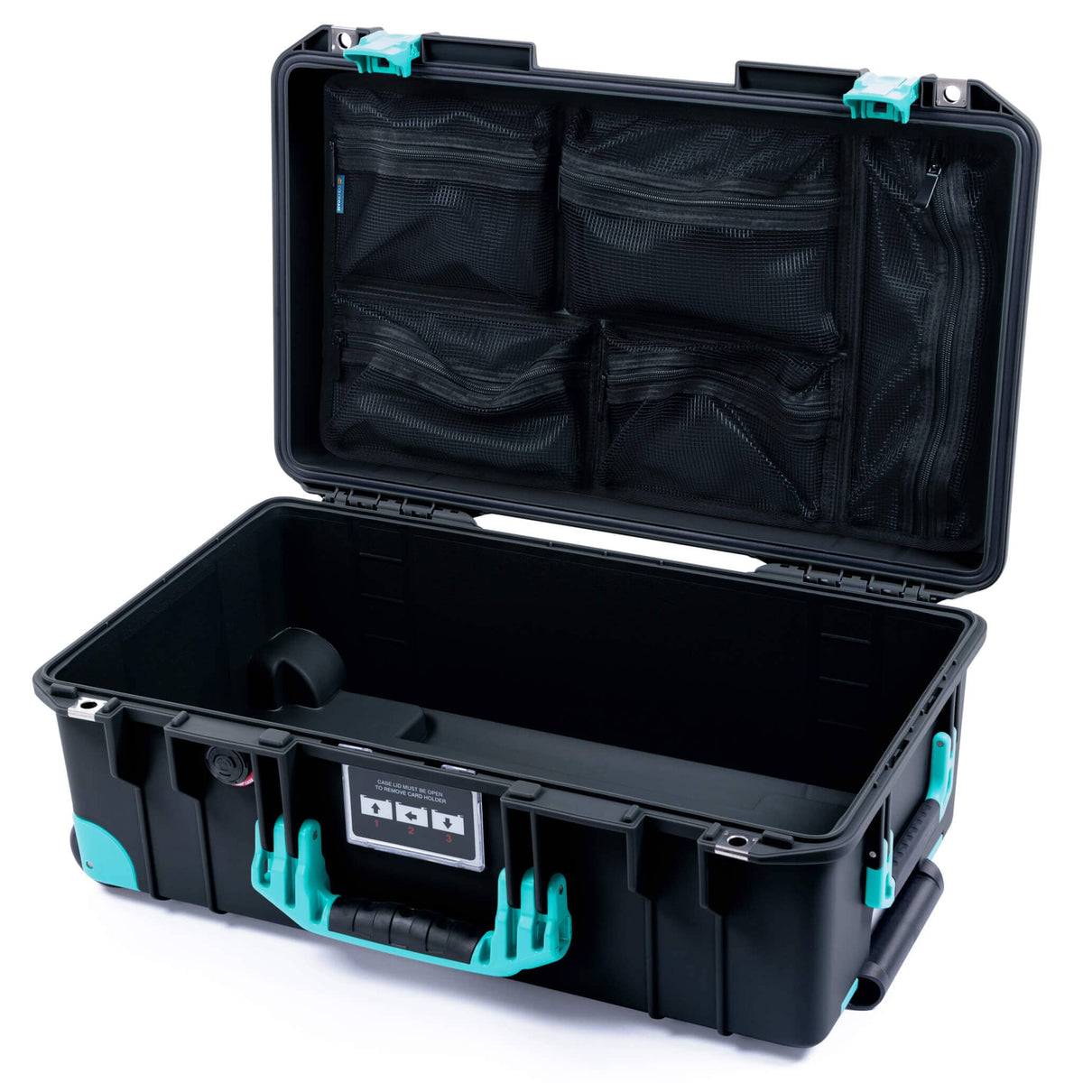 Pelican 1535 Air Case, Black with Teal Handles, Latches &amp; Trolley Mesh Lid Organizer Only ColorCase 015350-0100-110-591-590