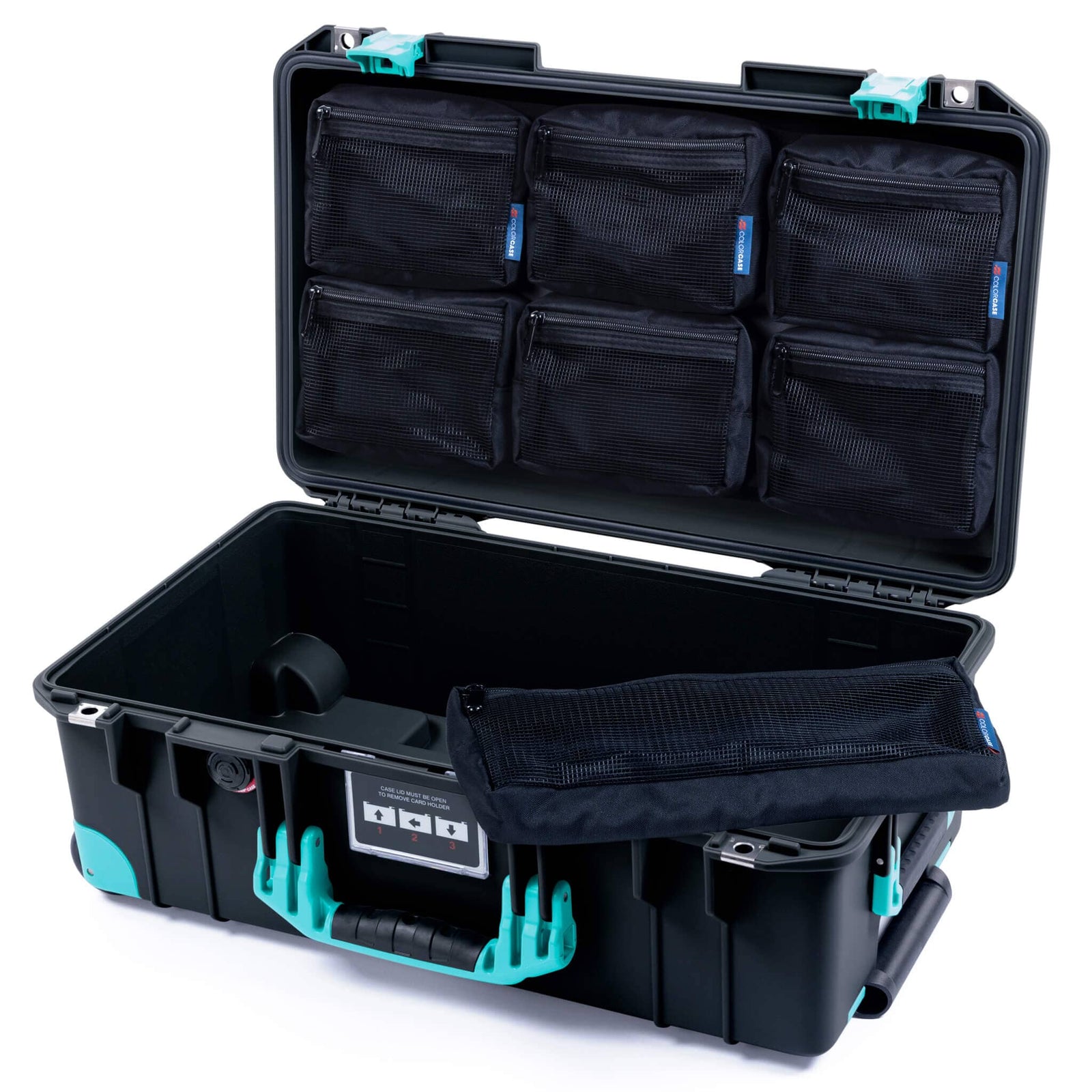 Pelican 1535 Air Case, Black with Teal Handles, Latches & Trolley 7-Piece Removable Mesh Pouches Only ColorCase 015350-0700-110-591-590