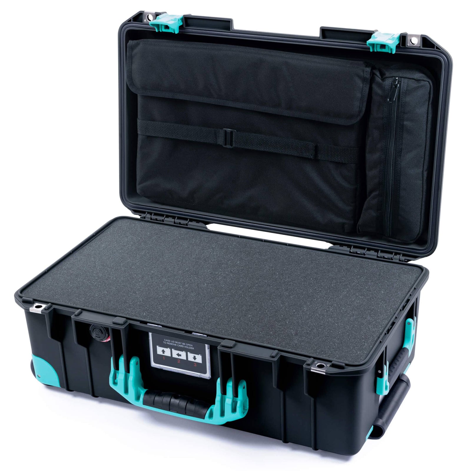 Pelican 1535 Air Case, Black with Teal Handles, Latches & Trolley Pick & Pluck Foam with Laptop Computer Lid Pouch ColorCase 015350-0201-110-591-590
