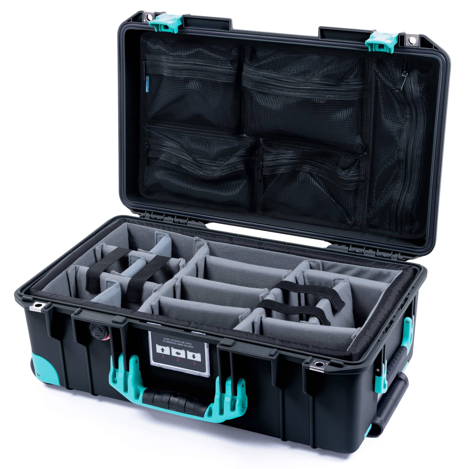 Pelican 1535 Air Case, Black with Teal Handles, Latches & Trolley Gray Padded Microfiber Dividers with Mesh Lid Organizer ColorCase 015350-0170-110-591-590