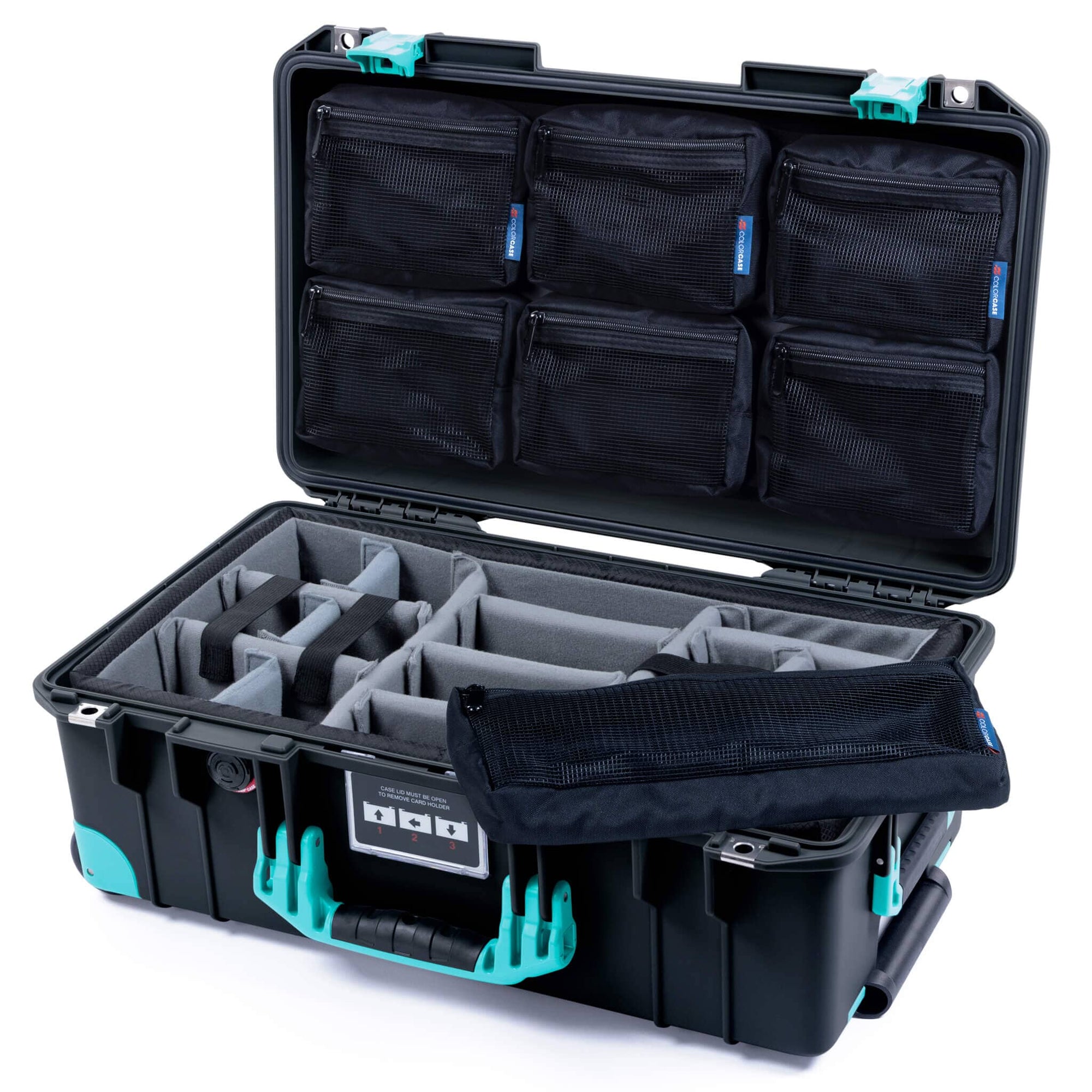 Pelican 1535 Air Case, Black with Teal Handles, Latches & Trolley Gray Padded Microfiber Dividers with 7-Piece Removable Mesh Pouches ColorCase 015350-0770-110-591-590