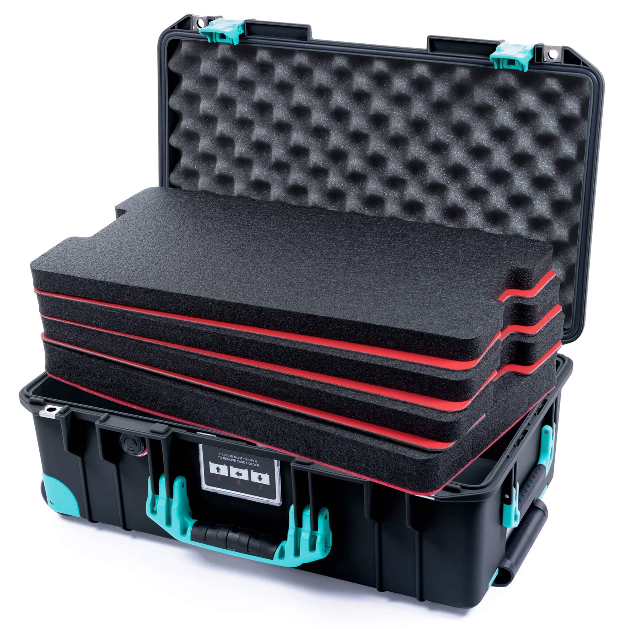 Pelican 1535 Air Case, Black with Teal Handles, Latches & Trolley Custom Tool Kit (4 Foam Inserts with Convoluted Lid Foam) ColorCase 015350-0060-110-591-590