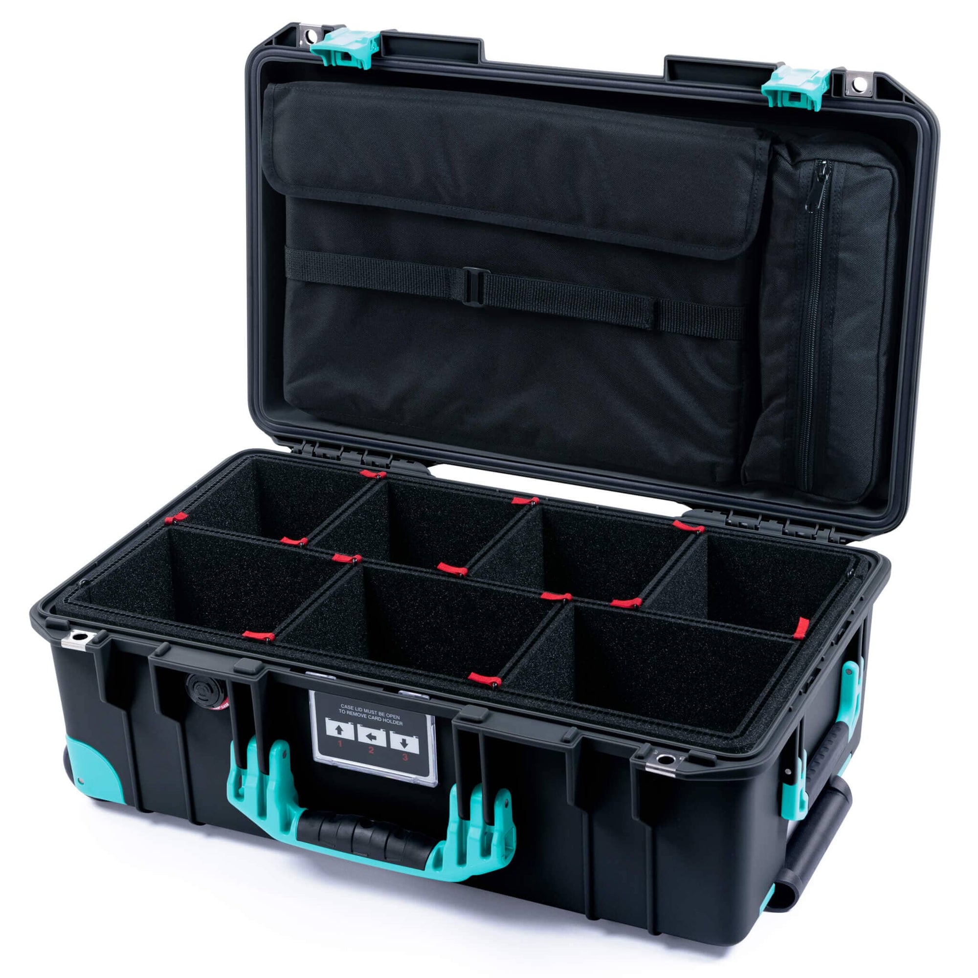 Pelican 1535 Air Case, Black with Teal Handles, Latches & Trolley TrekPak Divider System with Laptop Computer Lid Pouch ColorCase 015350-0220-110-591-590