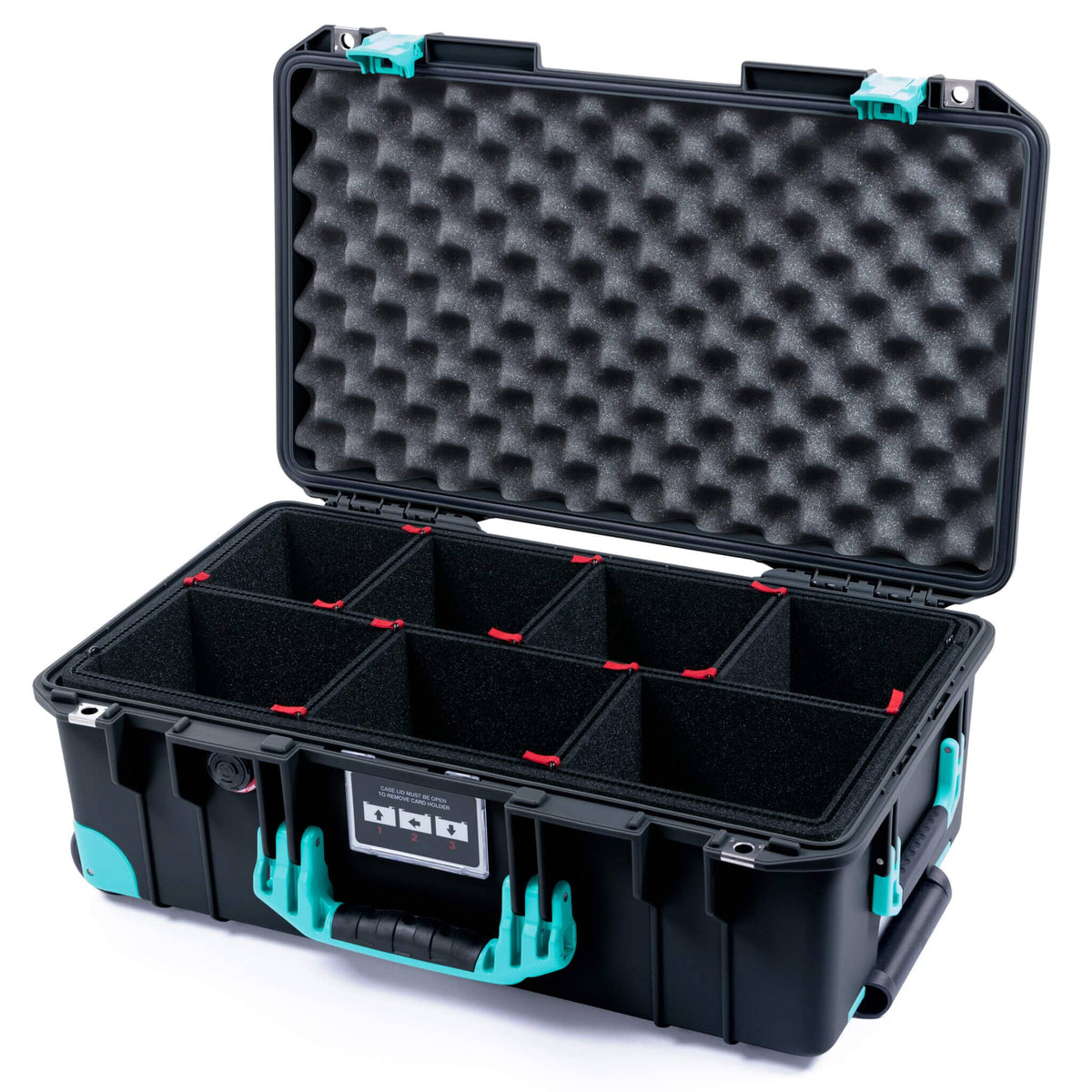 Pelican 1535 Air Case, Black with Teal Handles, Latches &amp; Trolley TrekPak Divider System with Convoluted Lid Foam ColorCase 015350-0020-110-591-590