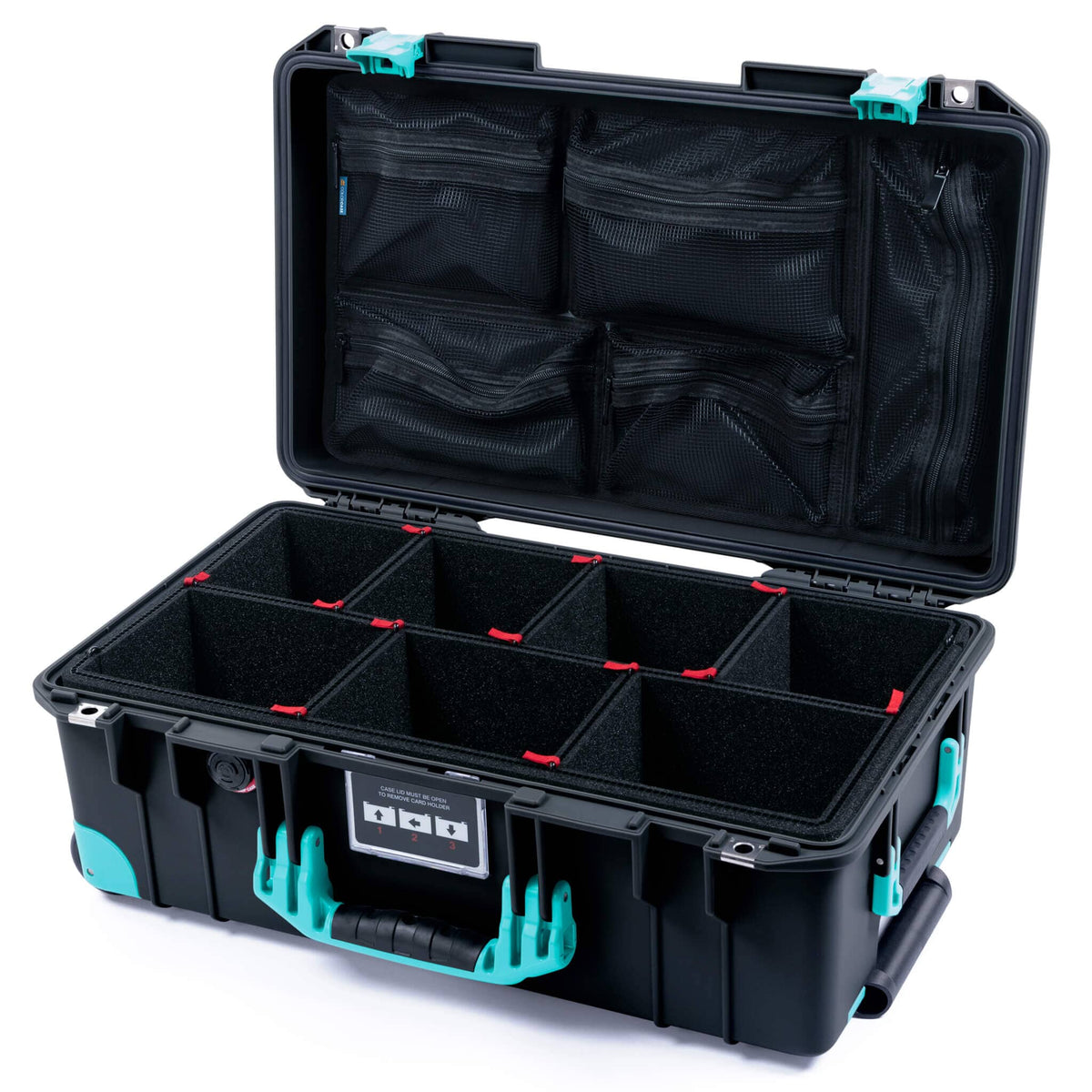Pelican 1535 Air Case, Black with Teal Handles, Latches &amp; Trolley TrekPak Divider System with Mesh Lid Organizer ColorCase 015350-0120-110-591-590