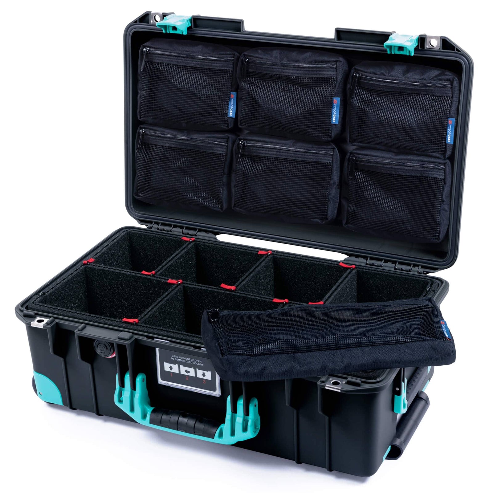 Pelican 1535 Air Case, Black with Teal Handles, Latches & Trolley TrekPak Divider System with 7-Piece Removable Mesh Pouches ColorCase 015350-0720-110-591-590
