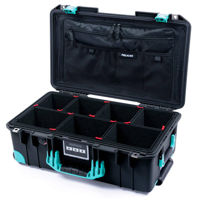 Pelican 1535 Air Case, Black with Teal Handles, Latches & Trolley TrekPak Divider System with TRVL Combo-Pouch Lid Organizer ColorCase 015350-0320-110-591-590