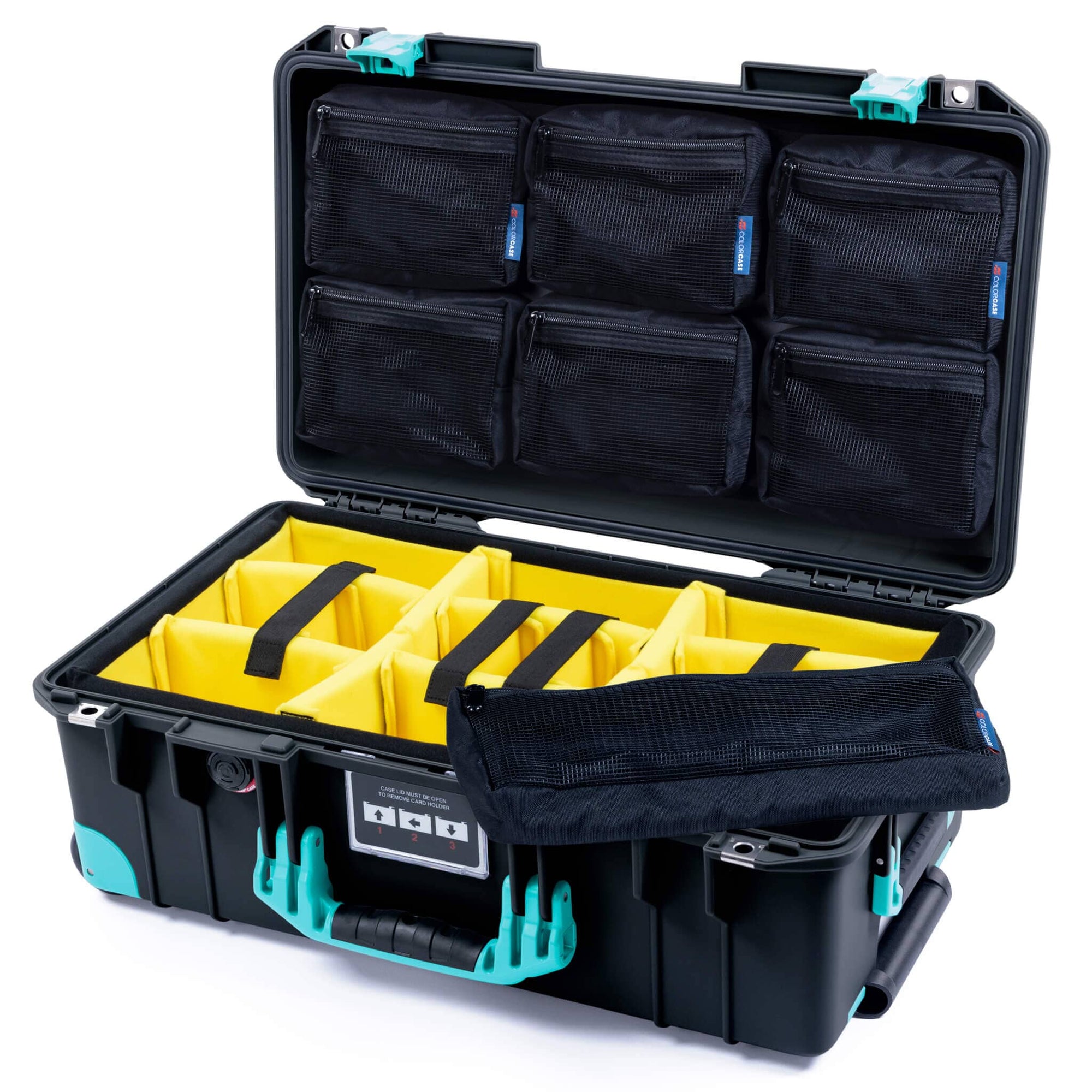 Pelican 1535 Air Case, Black with Teal Handles, Latches & Trolley Yellow Padded Microfiber Dividers with 7-Piece Removable Mesh Pouches ColorCase 015350-0710-110-591-590