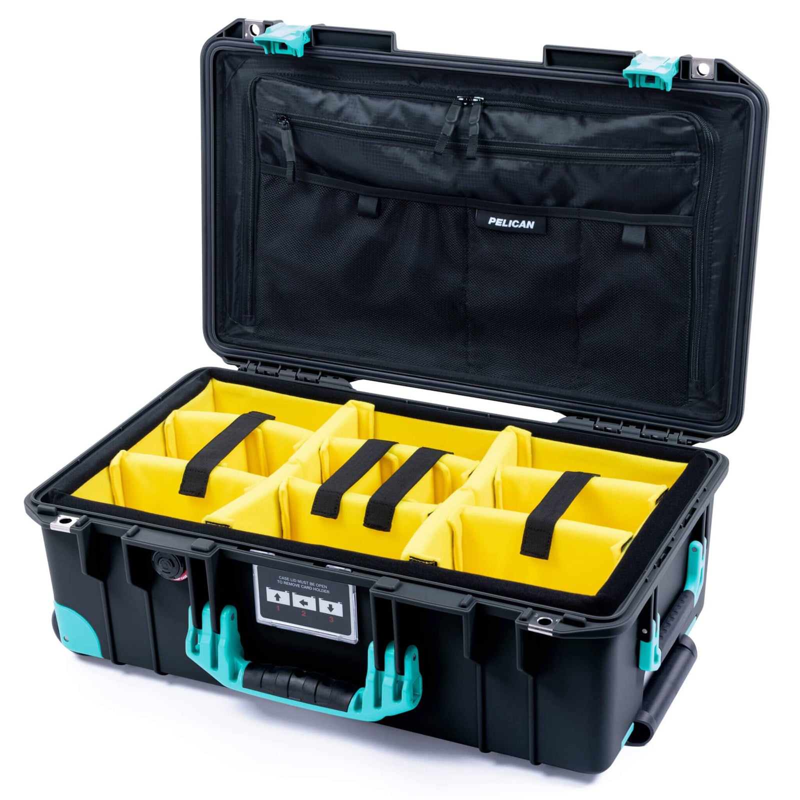 Pelican 1535 Air Case, Black with Teal Handles, Latches & Trolley Yellow Padded Microfiber Dividers with TRVL Combo-Pouch Lid Organizer ColorCase 015350-0310-110-591-590