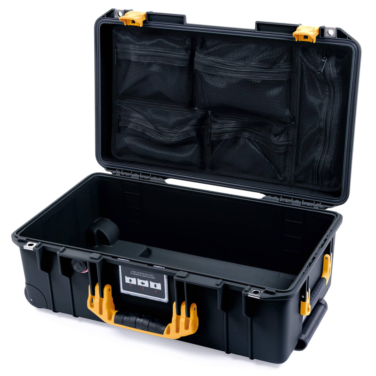 Pelican 1535 Air Case, Black with Yellow Handles &amp; Latches Mesh Lid Organizer Only ColorCase 015350-0100-110-241