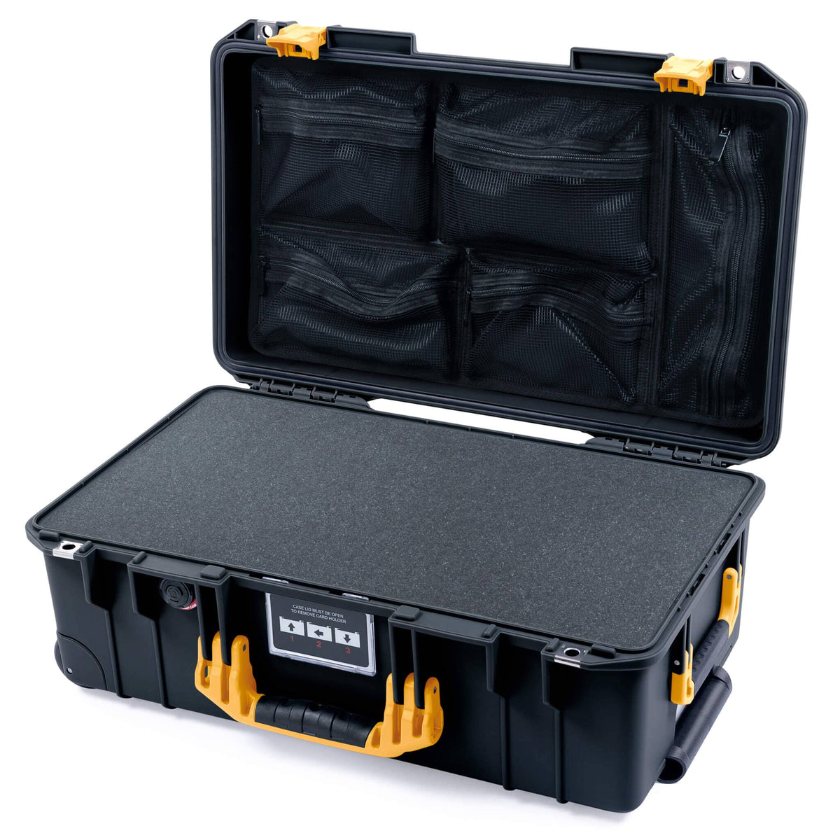 Pelican 1535 Air Case, Black with Yellow Handles &amp; Latches Pick &amp; Pluck Foam with Mesh Lid Organizer ColorCase 015350-0101-110-241