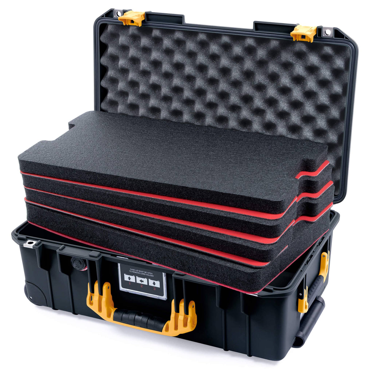 Pelican 1535 Air Case, Black with Yellow Handles &amp; Latches Custom Tool Kit (4 Foam Inserts with Convolute Lid Foam) ColorCase 015350-0060-110-241