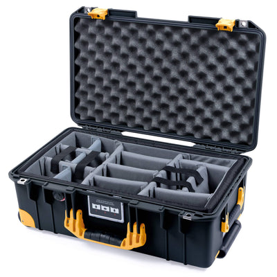 Pelican 1535 Air Case, Black with Yellow Handles, Latches & Trolley Gray Padded Microfiber Dividers with Convolute Lid Foam ColorCase 015350-0070-110-241-240
