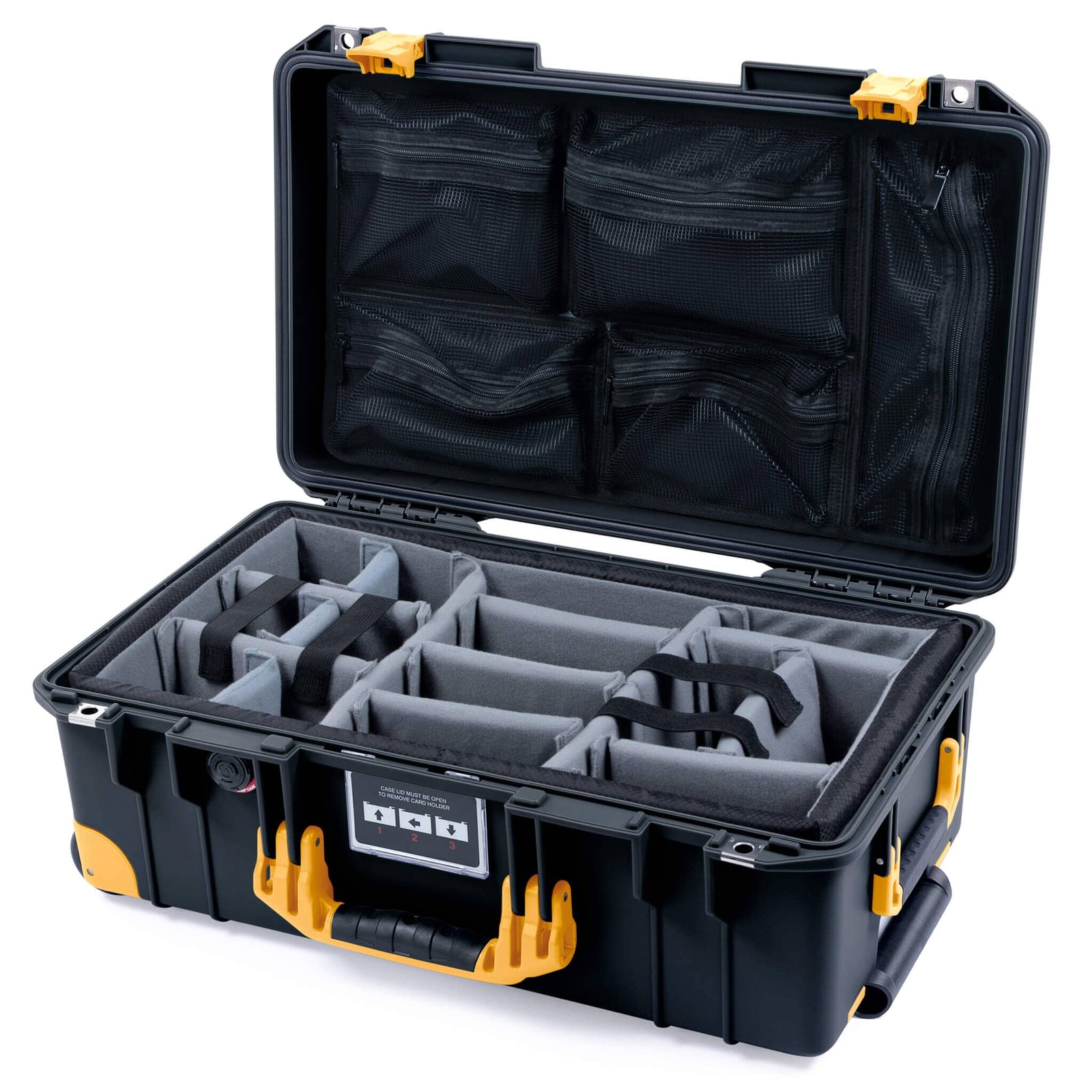 Pelican 1535 Air Case, Black with Yellow Handles, Latches & Trolley Gray Padded Microfiber Dividers with Mesh Lid Organizer ColorCase 015350-0170-110-241-240