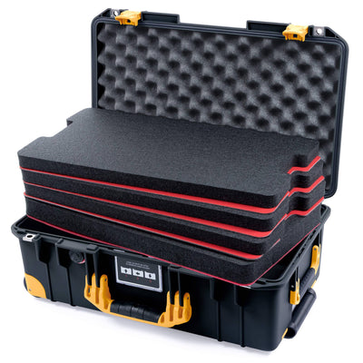 Pelican 1535 Air Case, Black with Yellow Handles, Latches & Trolley Custom Tool Kit (4 Foam Inserts with Convolute Lid Foam) ColorCase 015350-0060-110-241-240