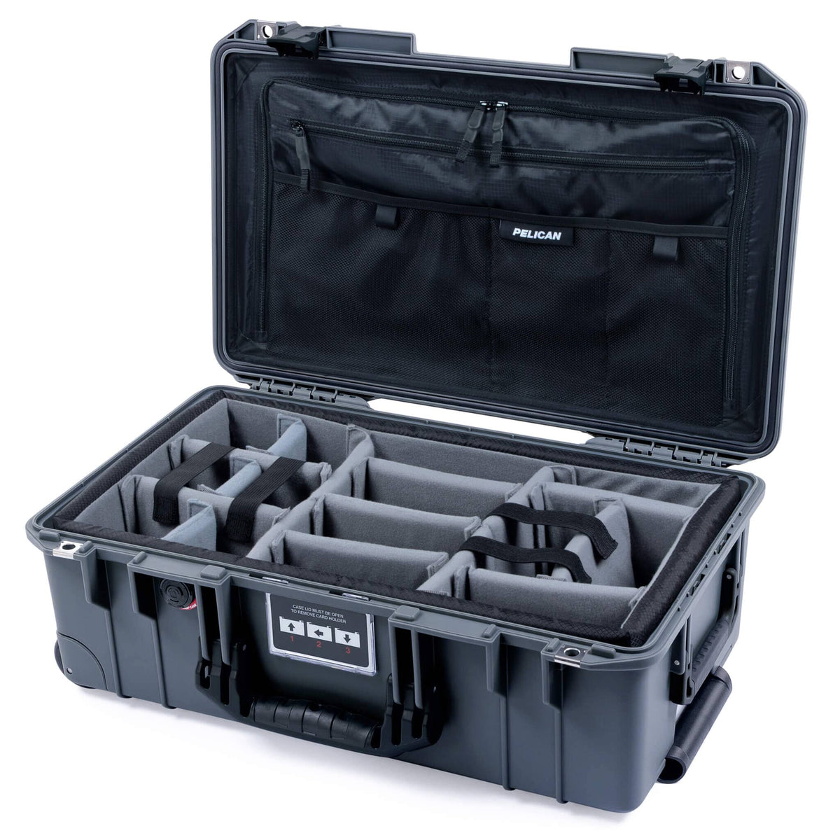 Pelican 1535 Air Case, Charcoal with Black Handles &amp; Push-Button Latches Gray Padded Microfiber Dividers with Combo-Pouch Lid Organizer ColorCase 015350-0370-520-110