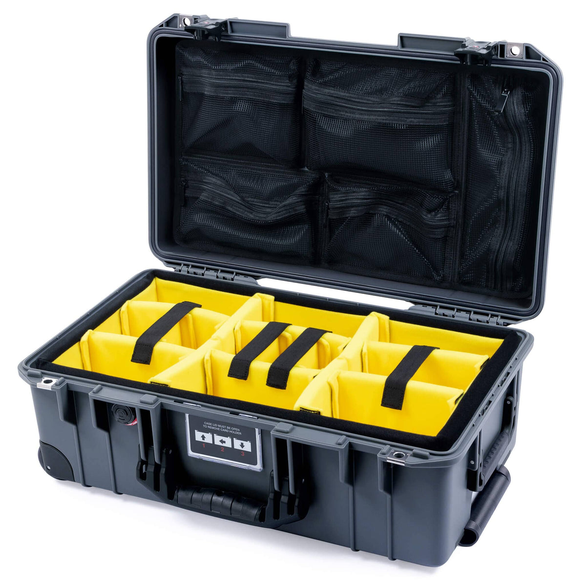 Pelican 1535 Air Case, Charcoal with Black Handles, TSA Locking Latches &amp; Trolley Yellow Padded Microfiber Dividers with Mesh Lid Organizer ColorCase 015350-0110-520-L10-110
