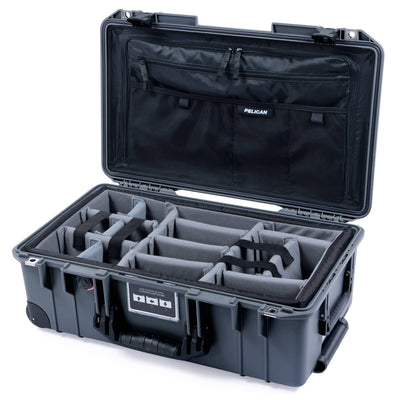 Pelican 1535 Air Case, Charcoal with Black Handles, Push-Button Latches & Trolley Gray Padded Microfiber Dividers with Combo-Pouch Lid Organizer ColorCase 015350-0370-520-110-110