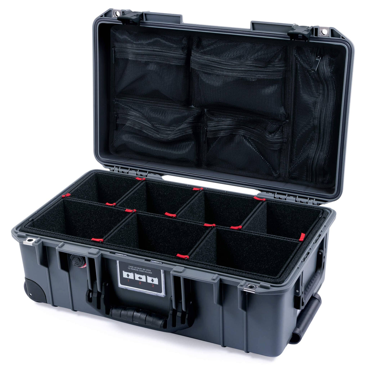 Pelican 1535 Air Case, Charcoal with Black Handles, Push-Button Latches &amp; Trolley TrekPak Divider System with Mesh Lid Organizer ColorCase 015350-0120-520-110-110