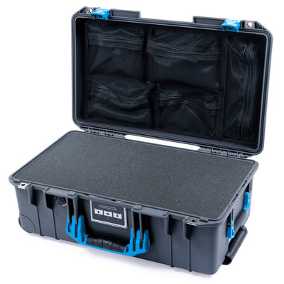Pelican 1535 Air Case, Charcoal with Blue Handles & Push-Button Latches Pick & Pluck Foam with Mesh Lid Organizer ColorCase 015350-0101-520-120