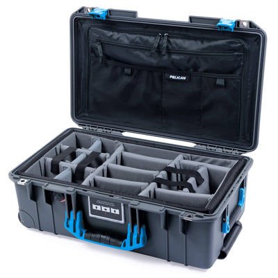 Pelican 1535 Air Case, Charcoal with Blue Handles & Push-Button Latches Gray Padded Microfiber Dividers with Combo-Pouch Lid Organizer ColorCase 015350-0370-520-120