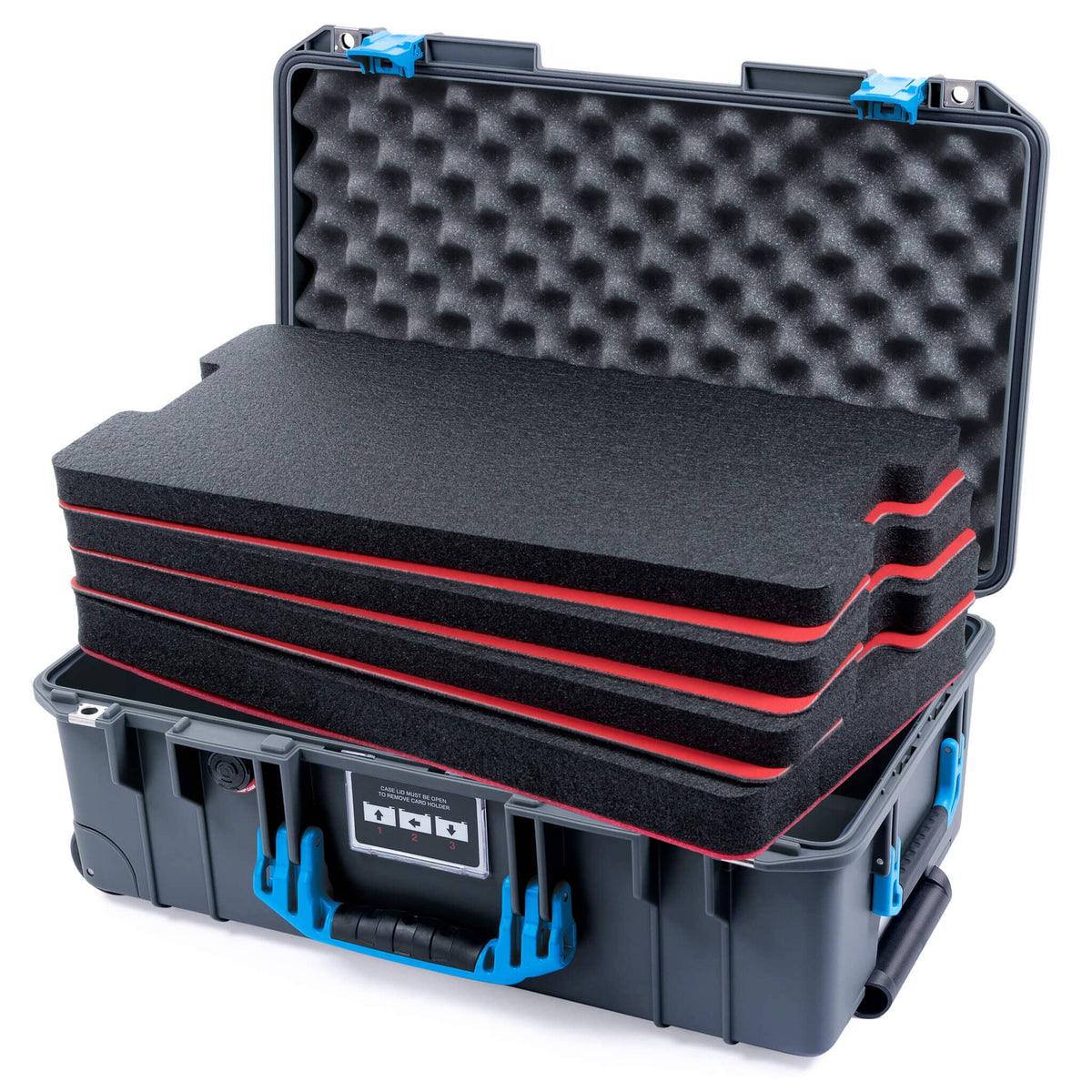 Pelican 1535 Air Case, Charcoal with Blue Handles &amp; Push-Button Latches Custom Tool Kit (4 Foam Inserts with Convoluted Lid Foam) ColorCase 015350-0060-520-120