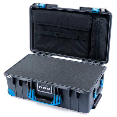 Pelican 1535 Air Case, Charcoal with Blue Handles, Push-Button Latches & Trolley Pick & Pluck Foam with Computer Pouch ColorCase 015350-0201-520-120-120