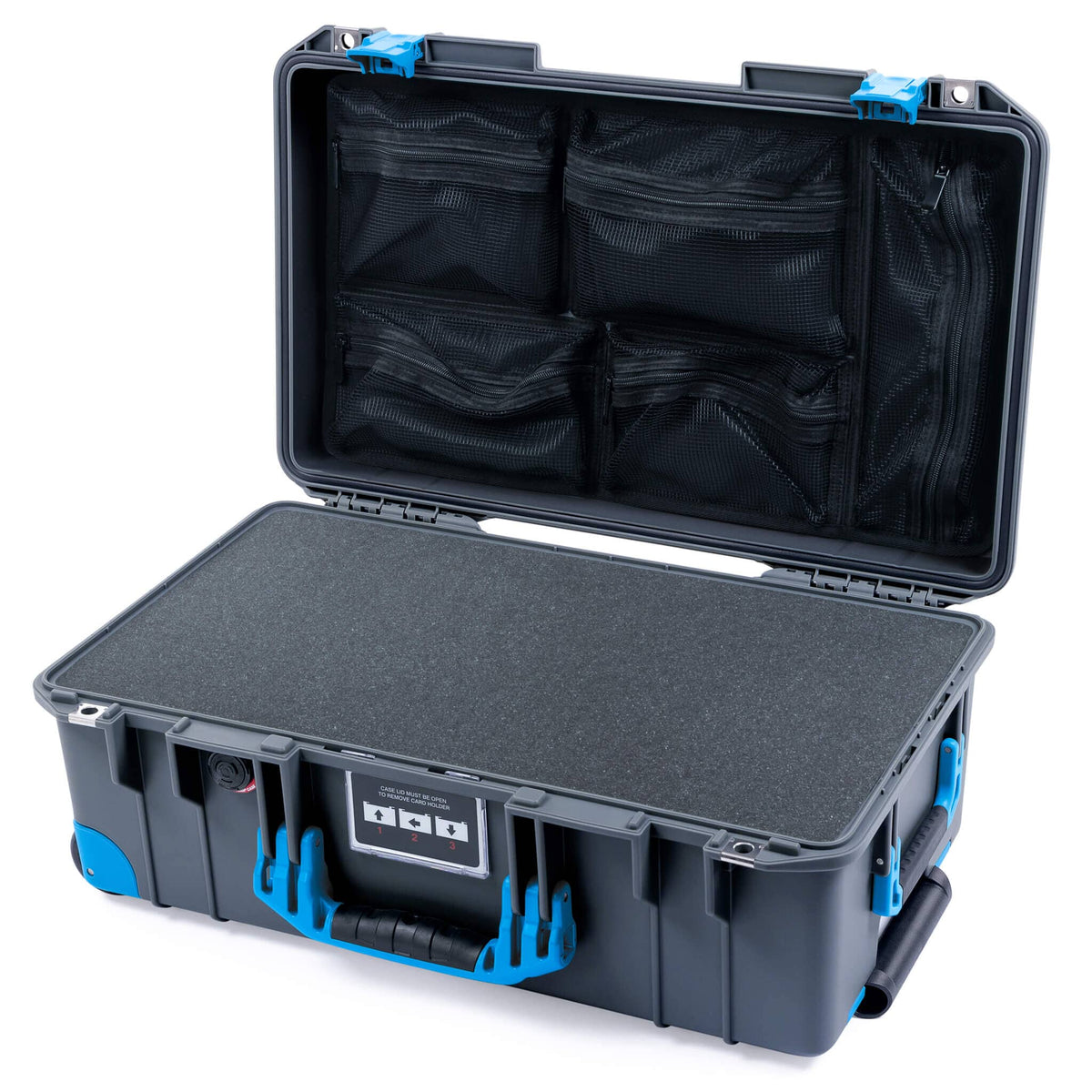 Pelican 1535 Air Case, Charcoal with Blue Handles, Push-Button Latches &amp; Trolley Pick &amp; Pluck Foam with Mesh Lid Organizer ColorCase 015350-0101-520-120-120