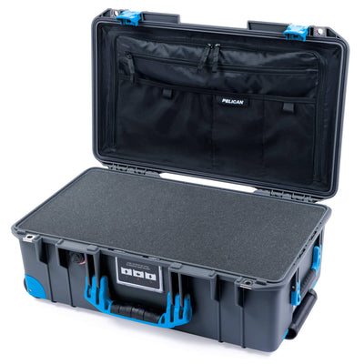 Pelican 1535 Air Case, Charcoal with Blue Handles, Push-Button Latches & Trolley Pick & Pluck Foam with Combo-Pouch Lid Organizer ColorCase 015350-0301-520-120-120