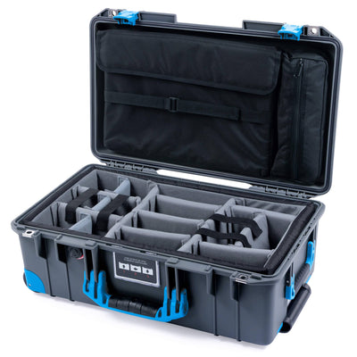 Pelican 1535 Air Case, Charcoal with Blue Handles, Push-Button Latches & Trolley Gray Padded Microfiber Dividers with Computer Pouch ColorCase 015350-0270-520-120-120
