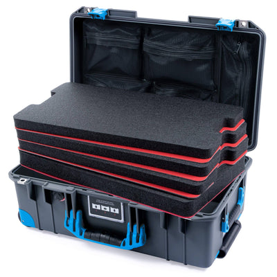 Pelican 1535 Air Case, Charcoal with Blue Handles, Push-Button Latches & Trolley Custom Tool Kit (4 Foam Inserts with Mesh Lid Organizers) ColorCase 015350-0160-520-120-120